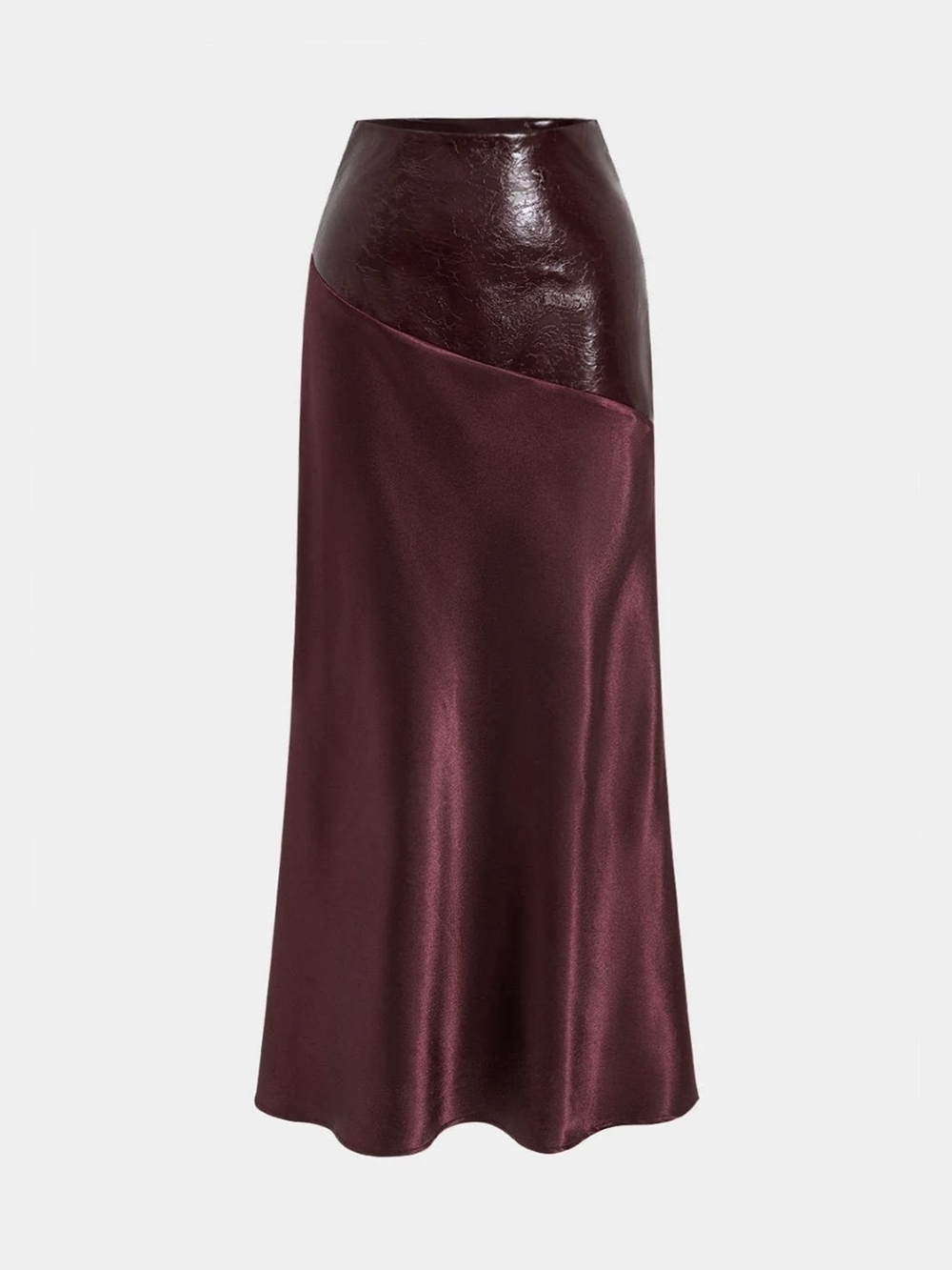 Commense Burgundy Satin Maxi Skirt with Faux-Leather